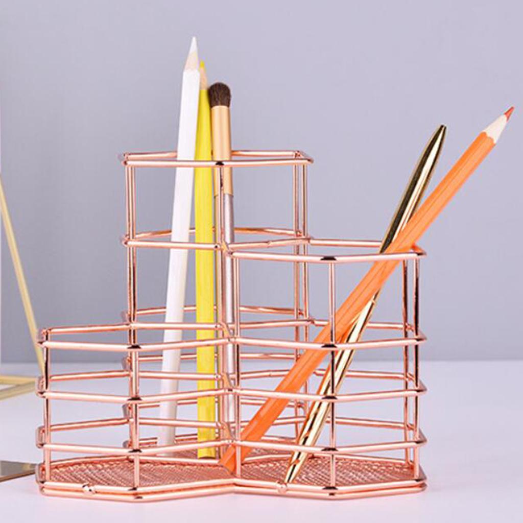 Wire Metal Desktop Pencil ,Rose Gold Pen Storage Basket Organizer