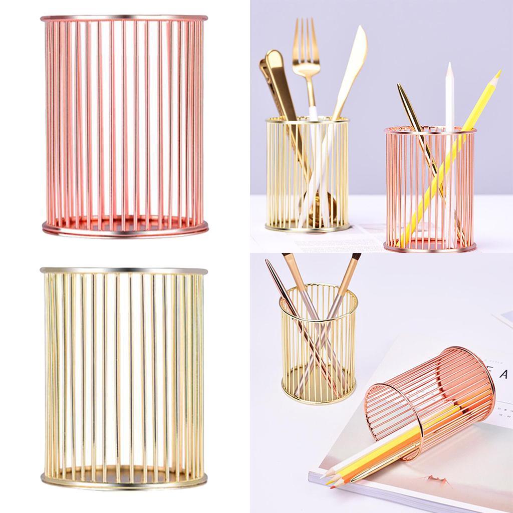 Iron Round Metal Wire Mesh Pen Pot Pencil Brush Holder Desk Organizer Rose Gold