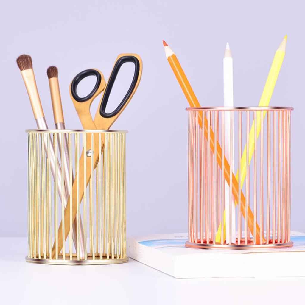 Iron Round Metal Wire Mesh Pen Pot Pencil Brush Holder Desk Organizer Gold