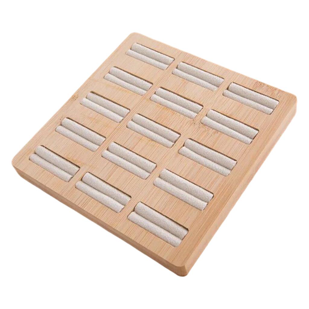 Wooden Earrings Rings Jewelry Display Tray Organizer Holder 15 Slots Beige