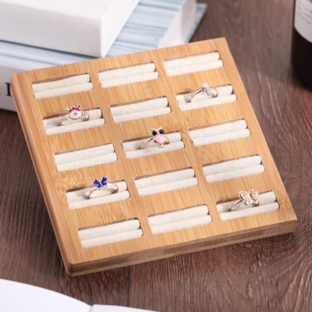 Wooden Earrings Rings Jewelry Display Tray Organizer Holder 15 Slots Beige