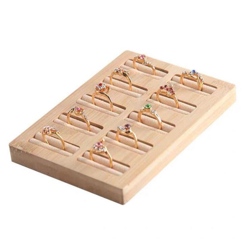 Wooden Earrings Rings Jewelry Display Tray Organizer Holder 10 Slots Beige