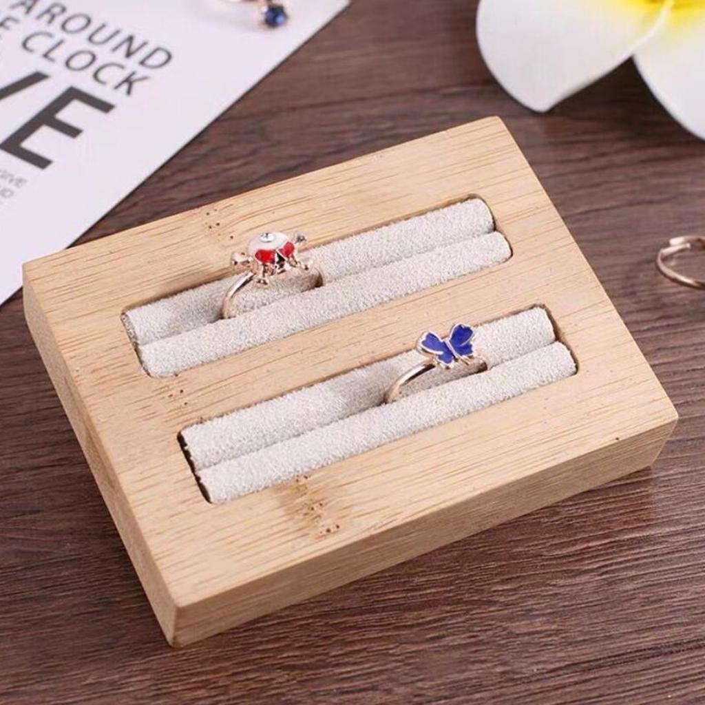 Wooden Earrings Rings Jewelry Display Tray Organizer Holder 2 Slots Beige