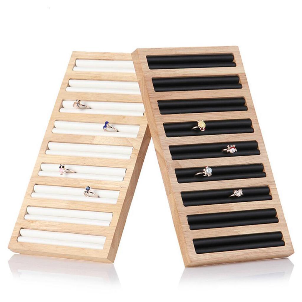 Bamboo Wooden Jewelry Display Plate Rings Earrings Storage Stand for Shop White