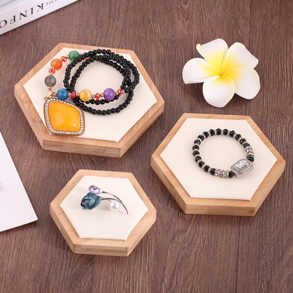 3pcs Wooden Jewelry Showcase Earrings Necklace Display Holder  White Leather