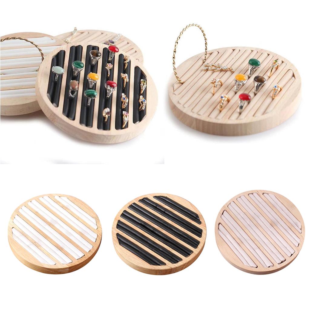 Round Wooden Jewelry Showcase Ring Display Tray Organizer White Leather