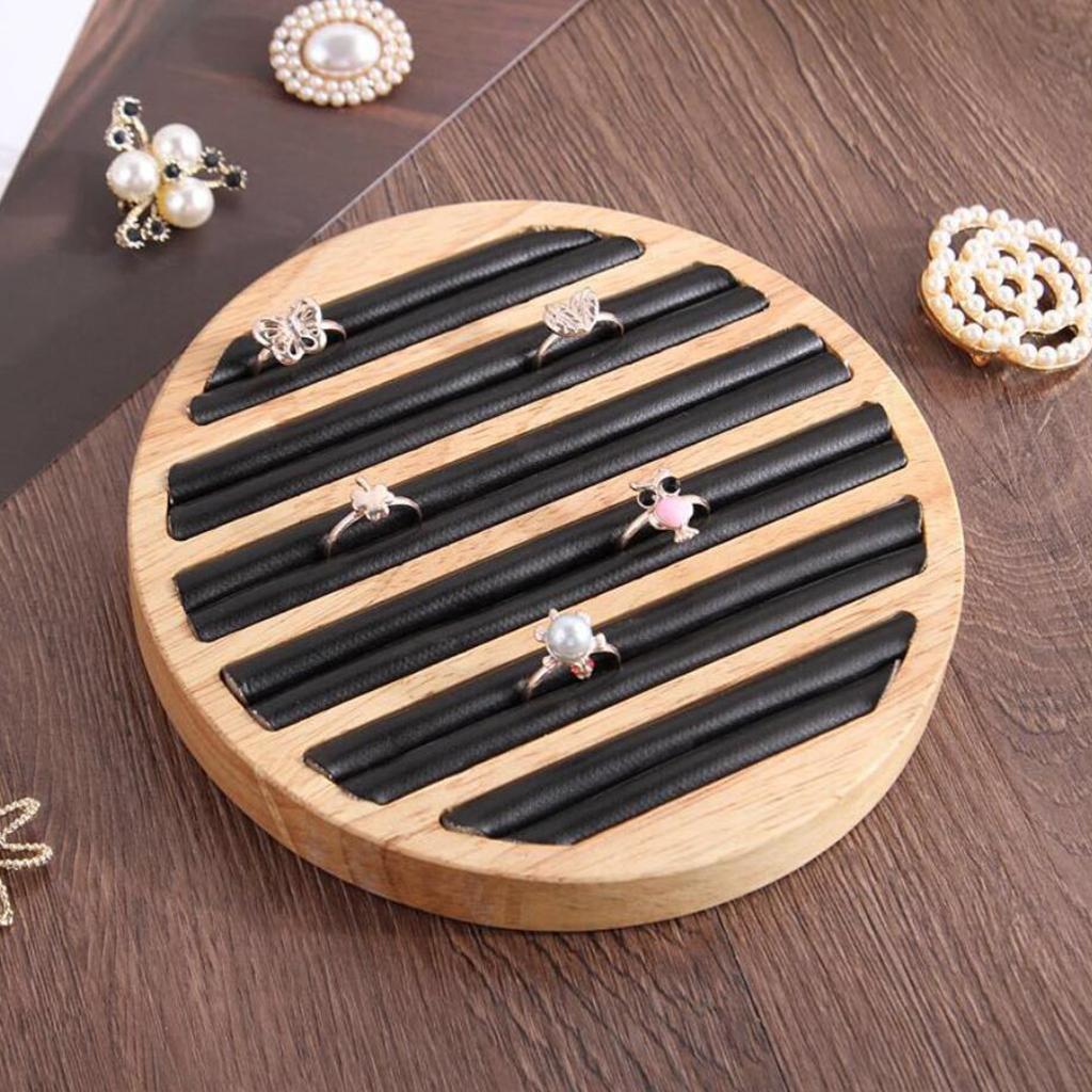 Round Wooden Jewelry Showcase Ring Display Tray Organizer Black Leather