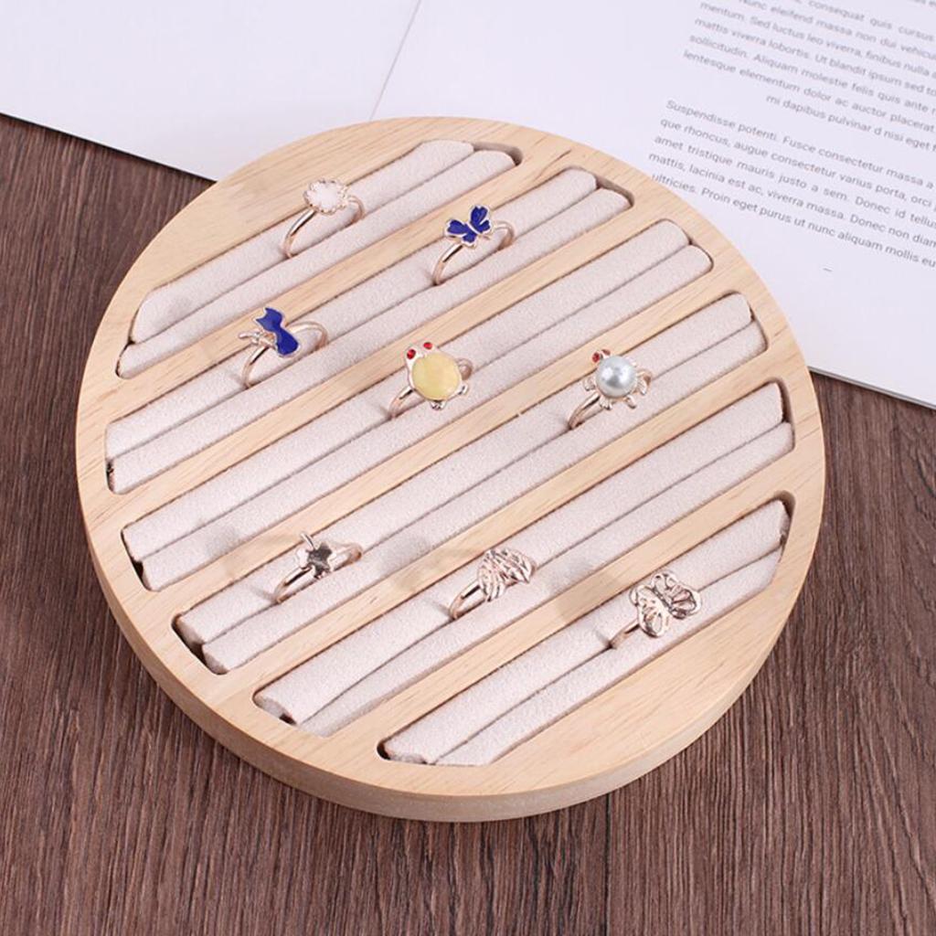 Round Wooden Jewelry Showcase Ring Display Tray Organizer beige velvet