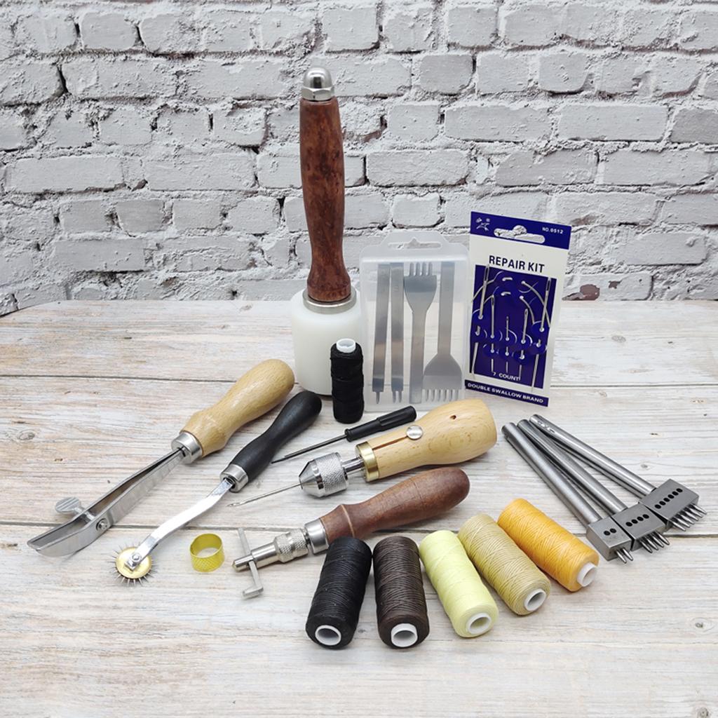 Leather Sewing Tools Set DIY Craft Hand Punching Awl Groover Thread Thimble