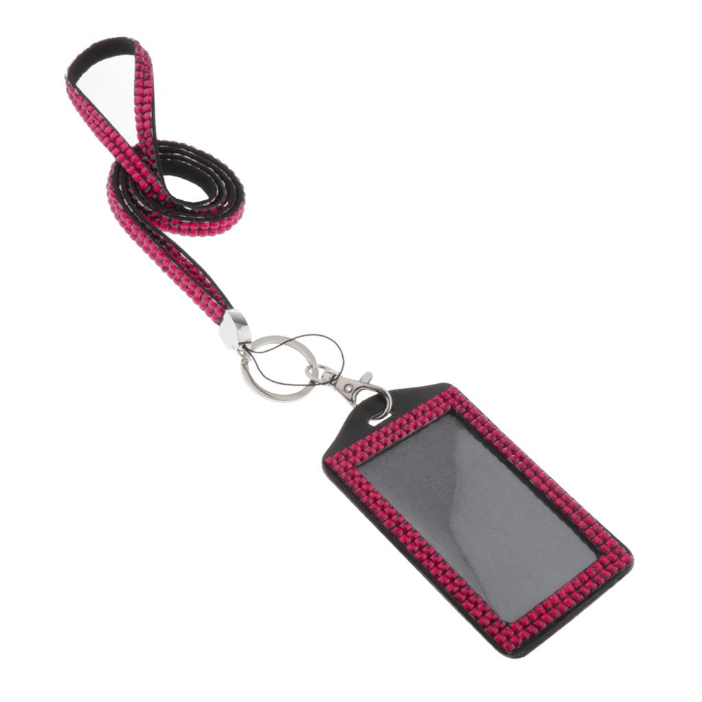 Shining ID Badge Holder w/ Lanyard Business Card Case School Office Supplies Rose Red