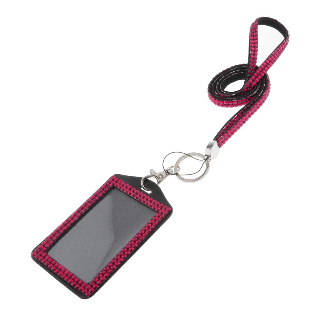 Shining ID Badge Holder w/ Lanyard Business Card Case School Office Supplies Rose Red