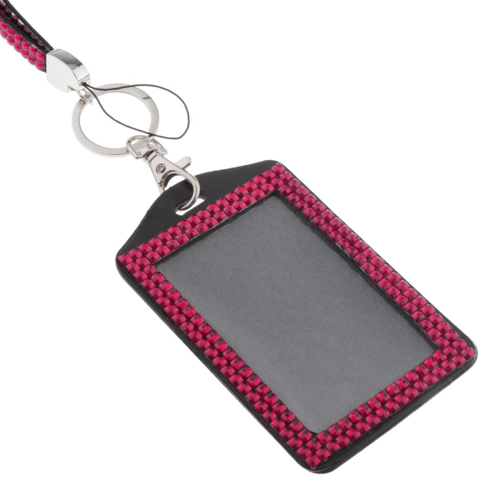 Shining ID Badge Holder w/ Lanyard Business Card Case School Office Supplies Rose Red