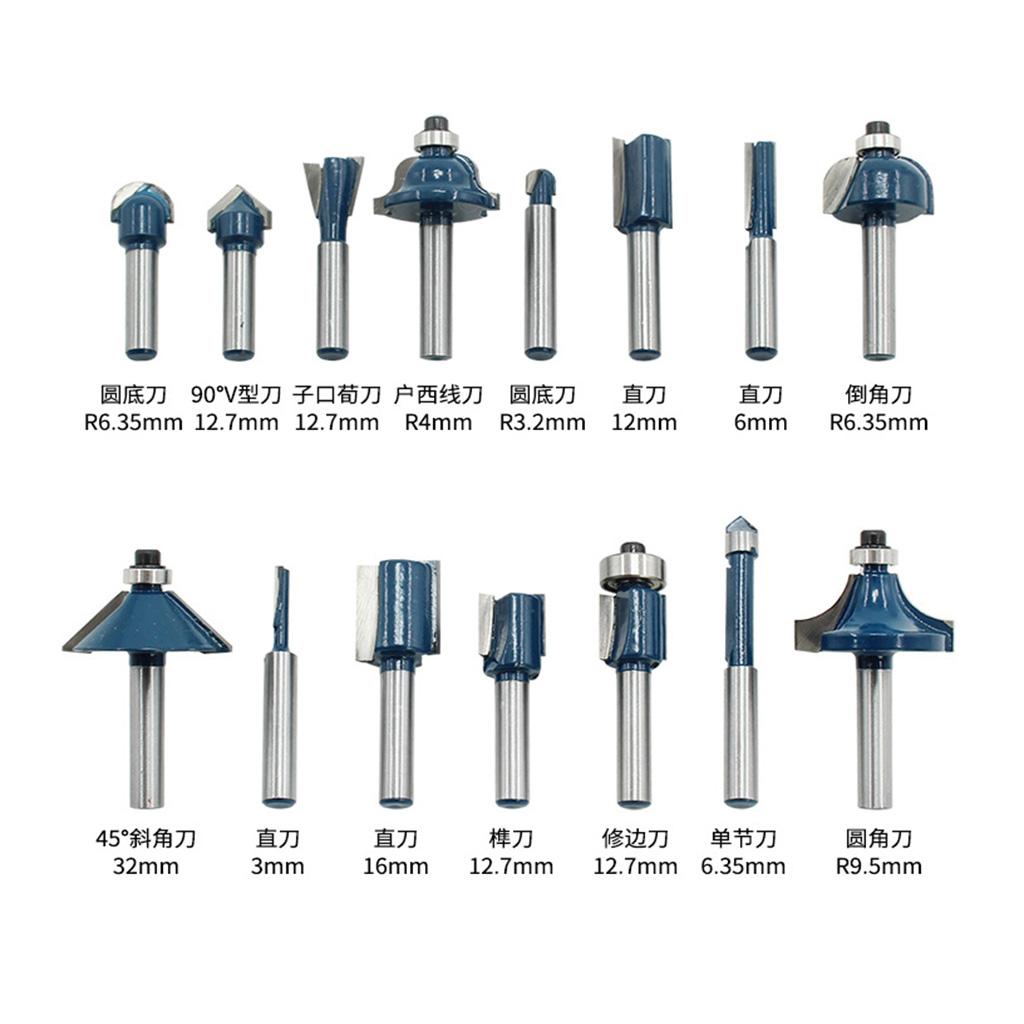 1/4" (6.35mm) Shank Trim Milling Cutter Router Bit Tool Set of 15pcs