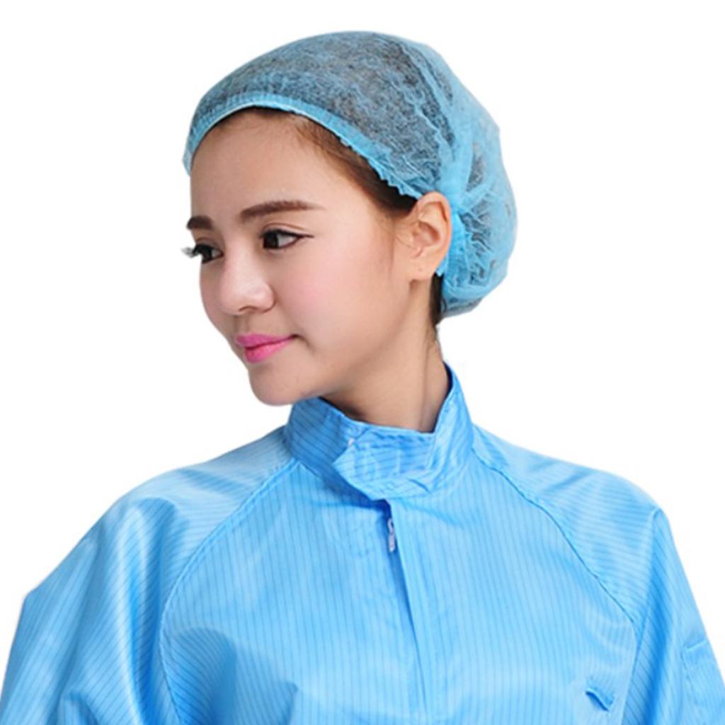 100 Pieces Disposable Hair Head Covers Net Bouffant Cap Non Woven Blue