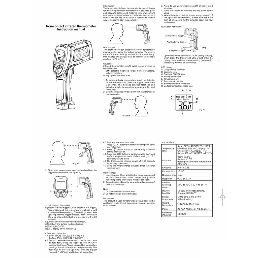 Non-contact Digital Display Handheld Object Infrared Thermometer HF120