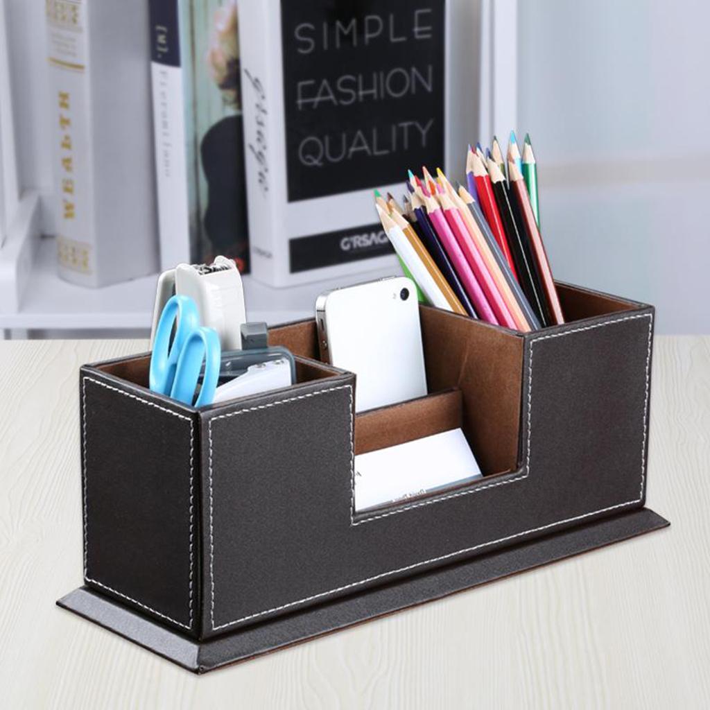 Multifunctional leather pen holder creative desk stationery storage box Coffee