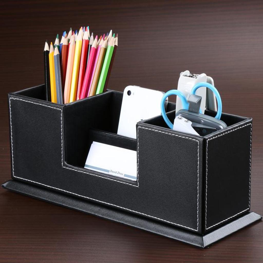 Multifunctional leather pen holder creative desk stationery storage box Black