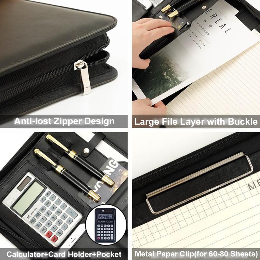 Zippered PU Leather Portfolio Organizer Business Document Folder Bag Black B