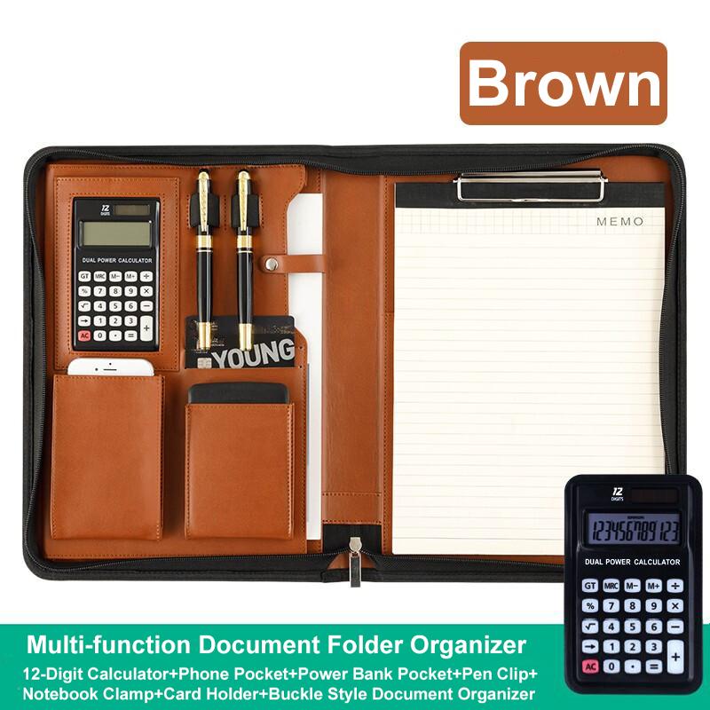 Zippered PU Leather Portfolio Organizer Business Document Folder Bag Brown D
