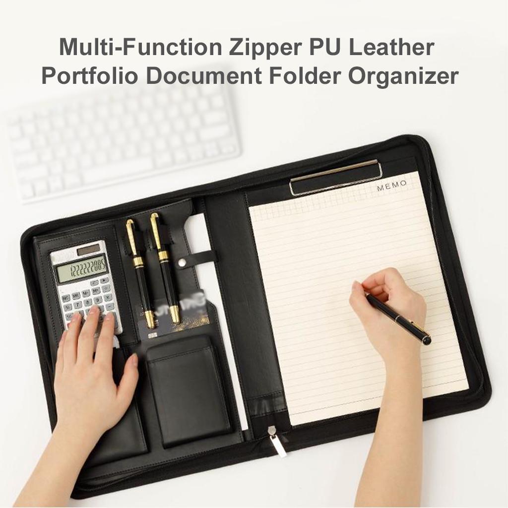 Zippered PU Leather Portfolio Organizer Business Document Folder Bag Black A
