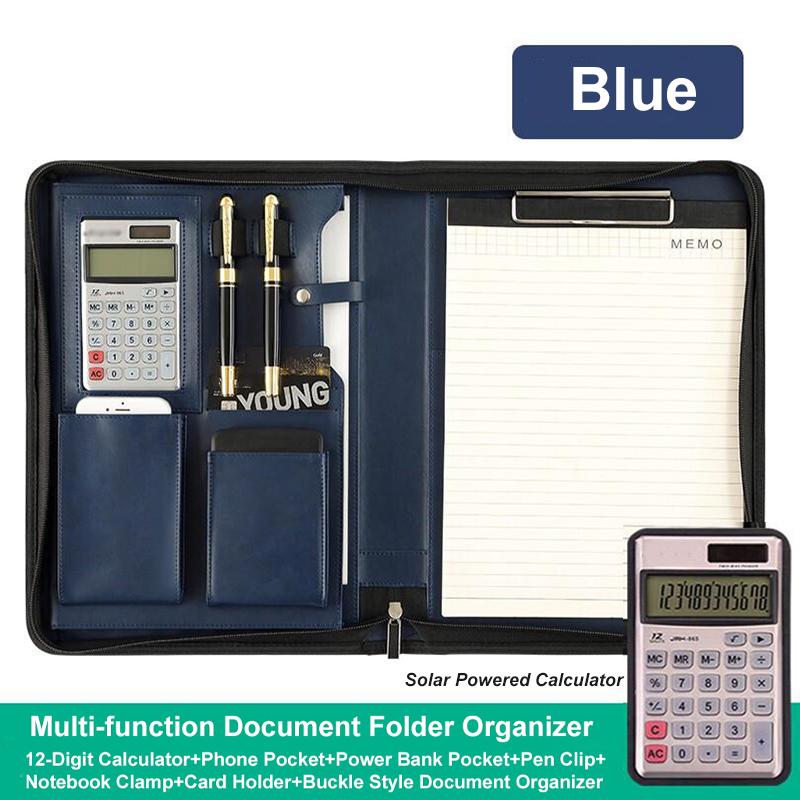 Zippered PU Leather Portfolio Organizer Business Document Folder Bag Blue E