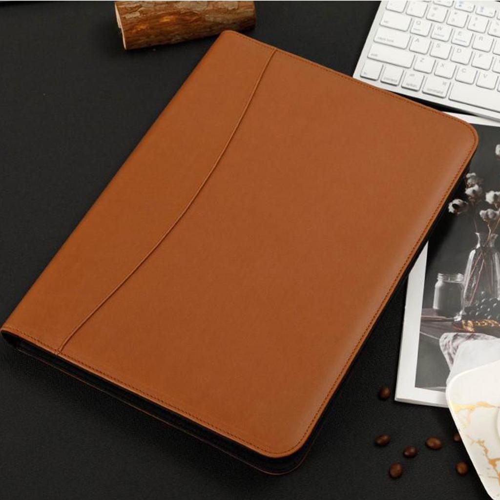 Zippered PU Leather Portfolio Organizer Business Document Folder Bag Brown C