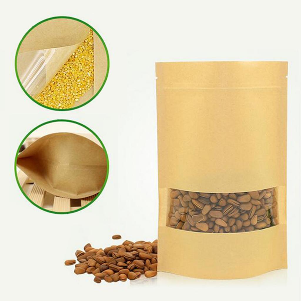 Resealable Stand Up Kraft Paper for Food Seal with Clear Window 10x15+3cm