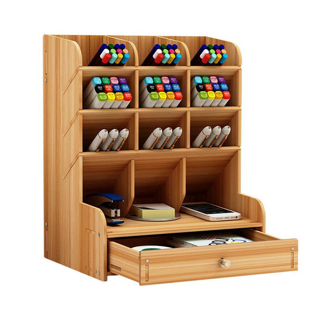 Office Desk Drawer Organizer Wooden Pen Holder Stationary Rack Cherry Wood