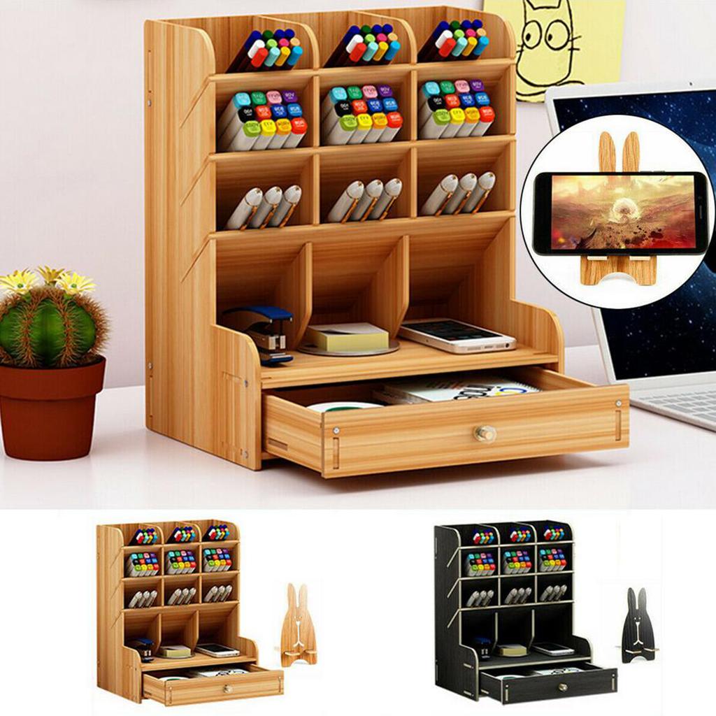 Office Desk Drawer Organizer Wooden Pen Holder Stationary Rack Cherry Wood