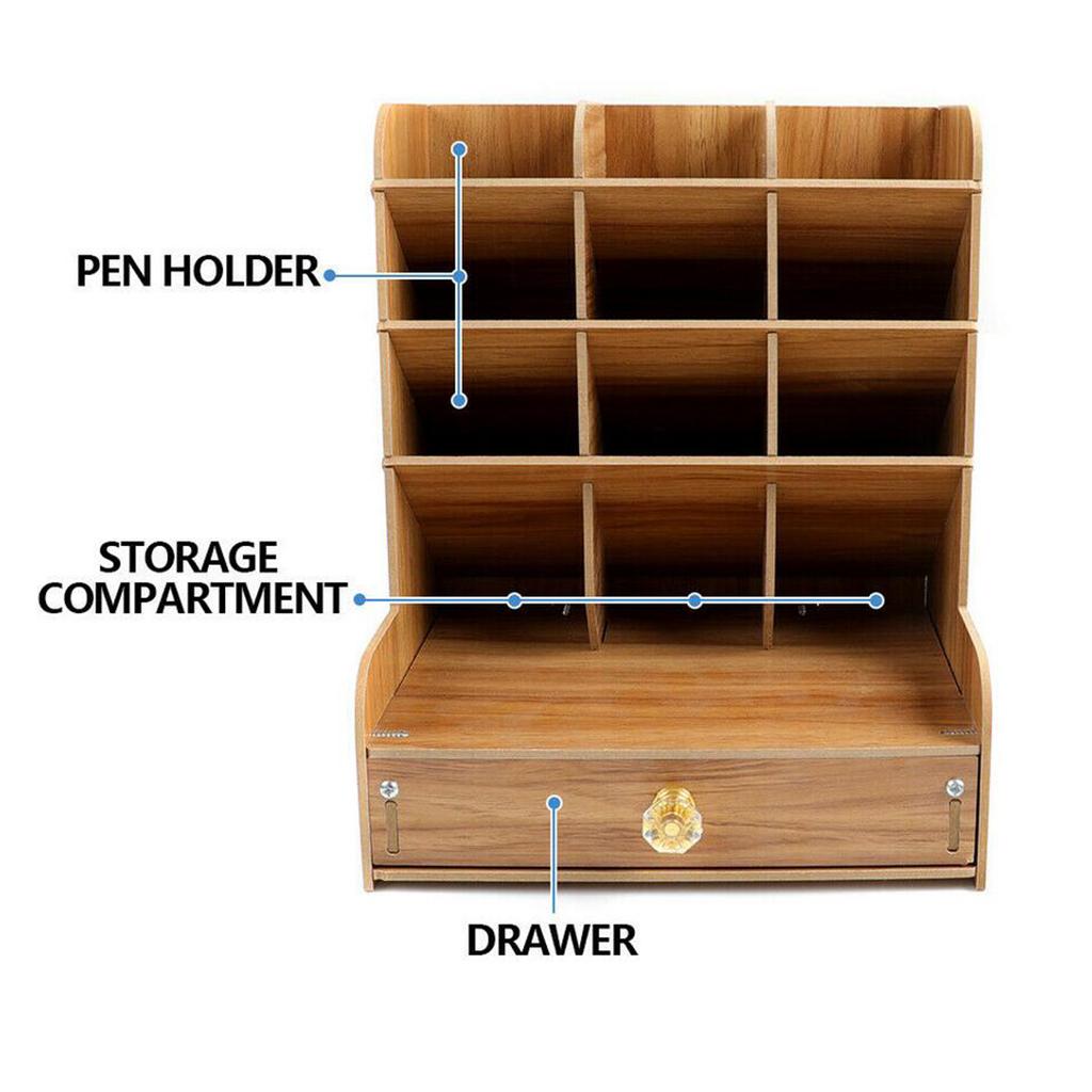 Office Desk Drawer Organizer Wooden Pen Holder Stationary Rack Cherry Wood