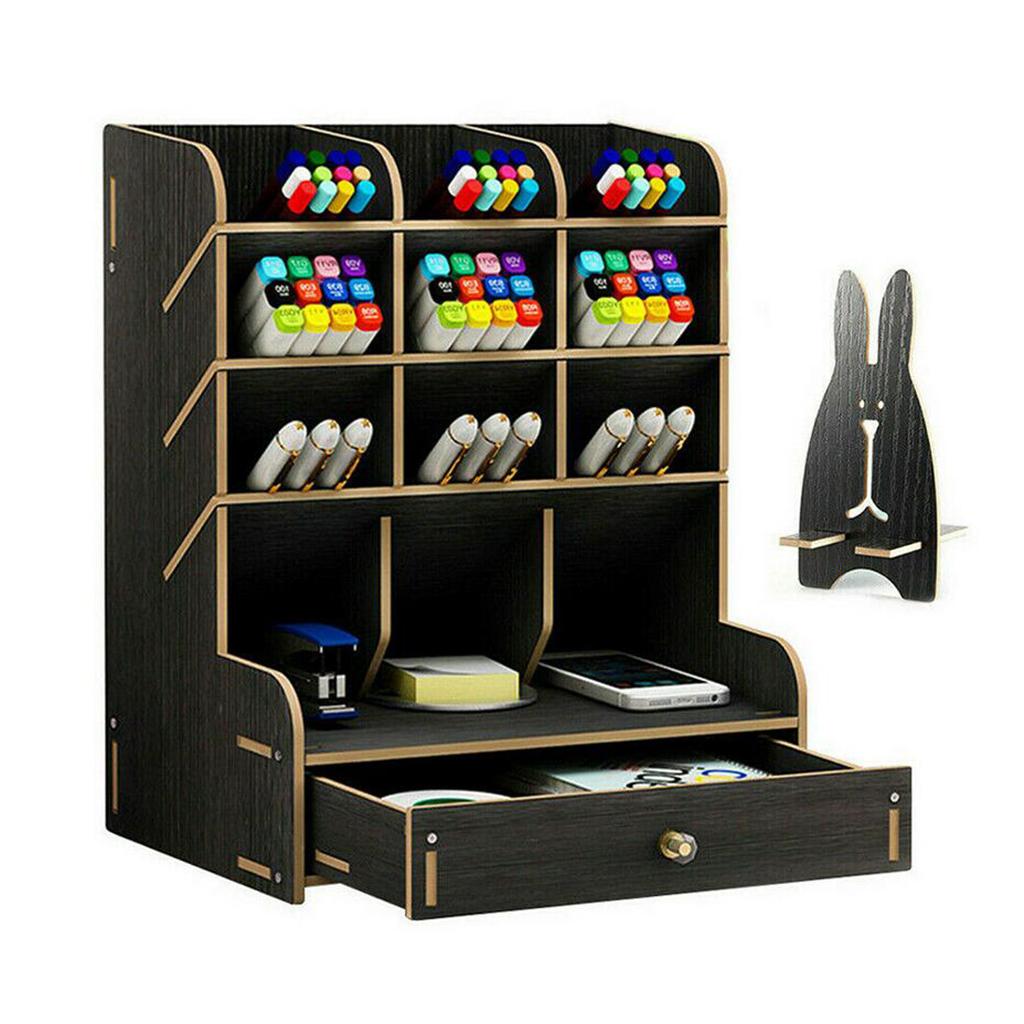 Office Desk Drawer Organizer Wooden Pen Holder Stationary Rack Black
