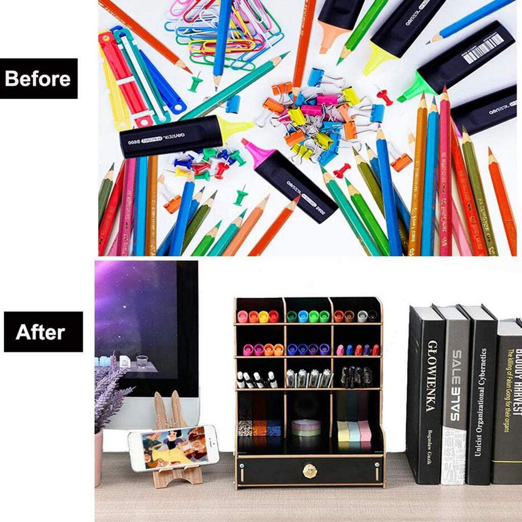 Office Desk Drawer Organizer Wooden Pen Holder Stationary Rack Black