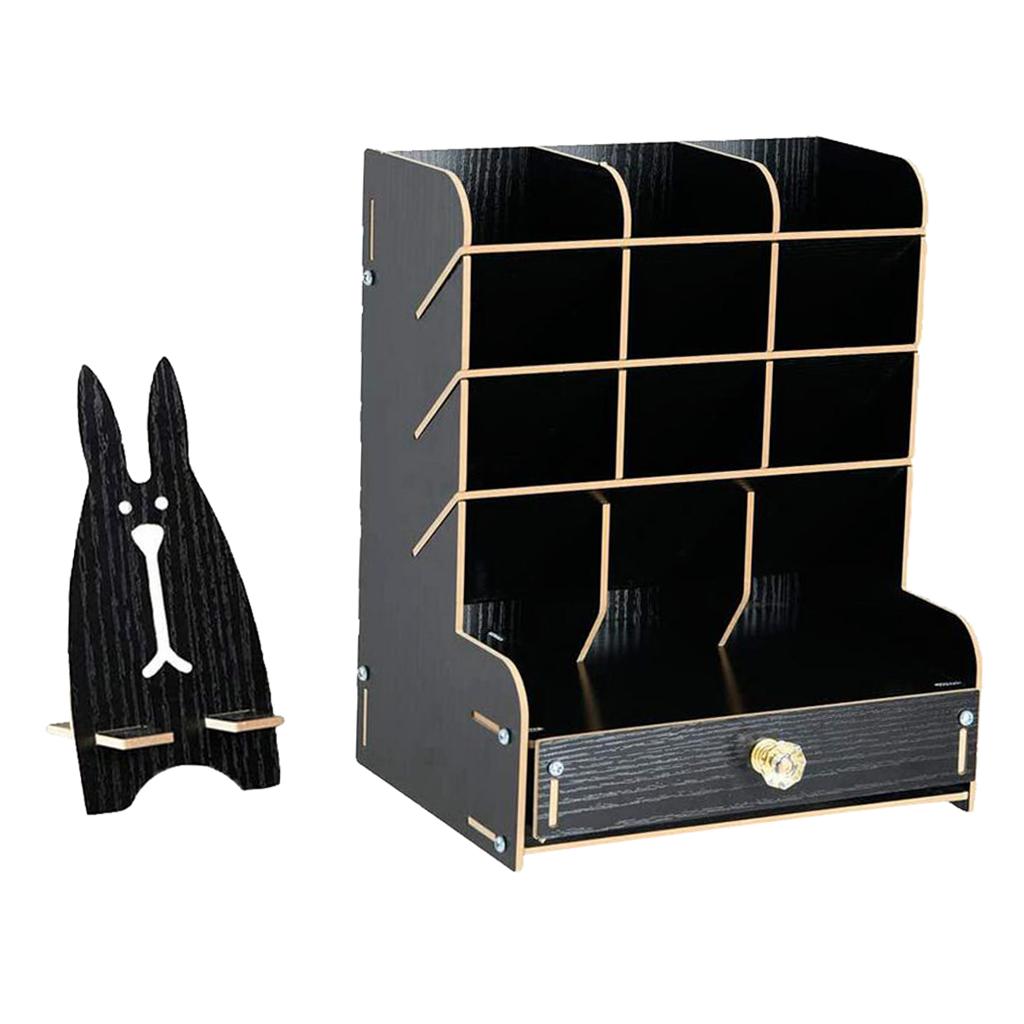 Office Desk Drawer Organizer Wooden Pen Holder Stationary Rack Black