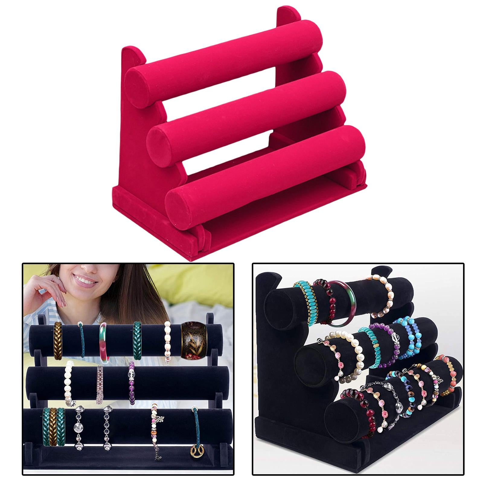 3-Tier Velvet Jewelry Bracelet Watch Display Holder Stand Organizer Red