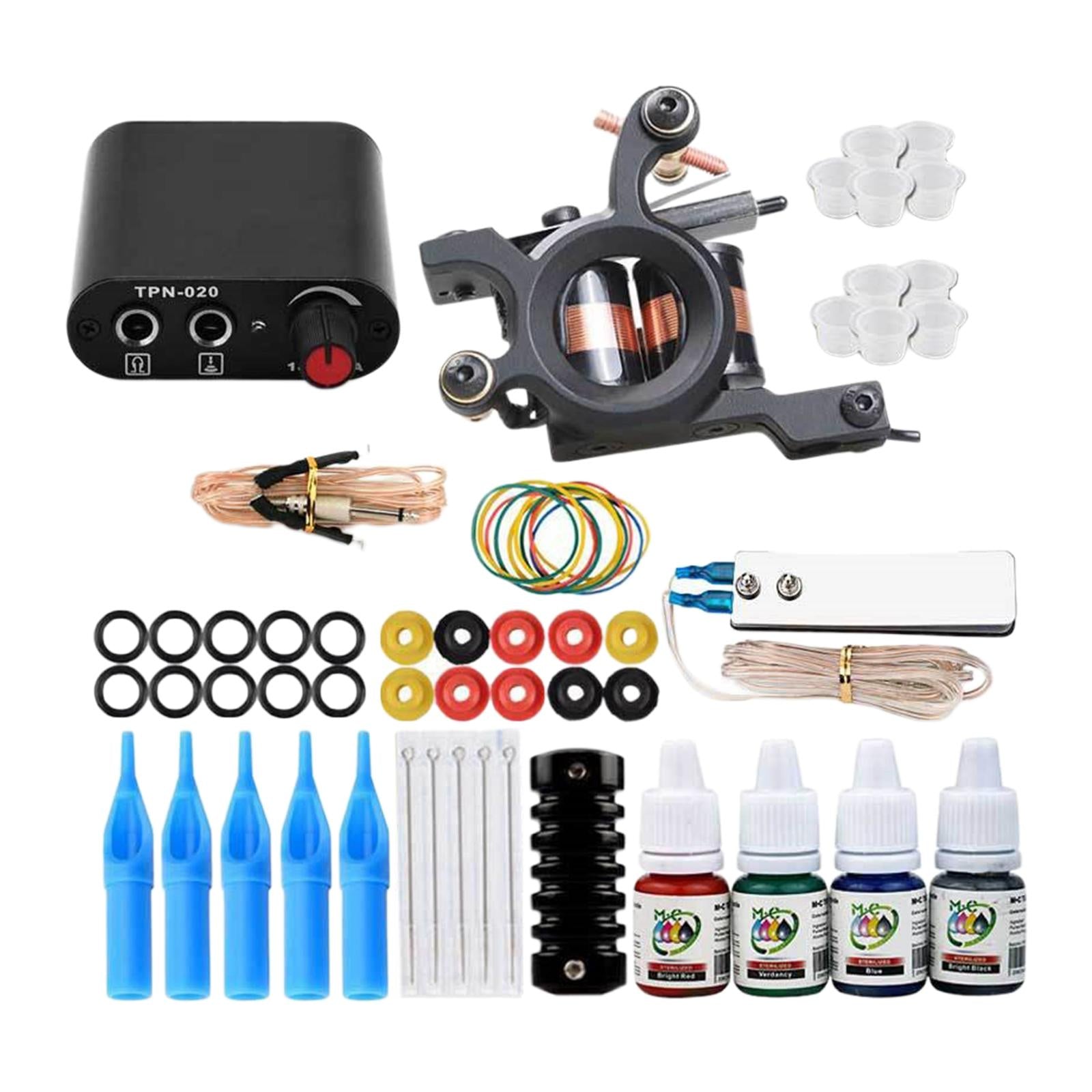 Complete Tattoo Kit Color Inks Power Supply Coil Tattoo Machine Grips US