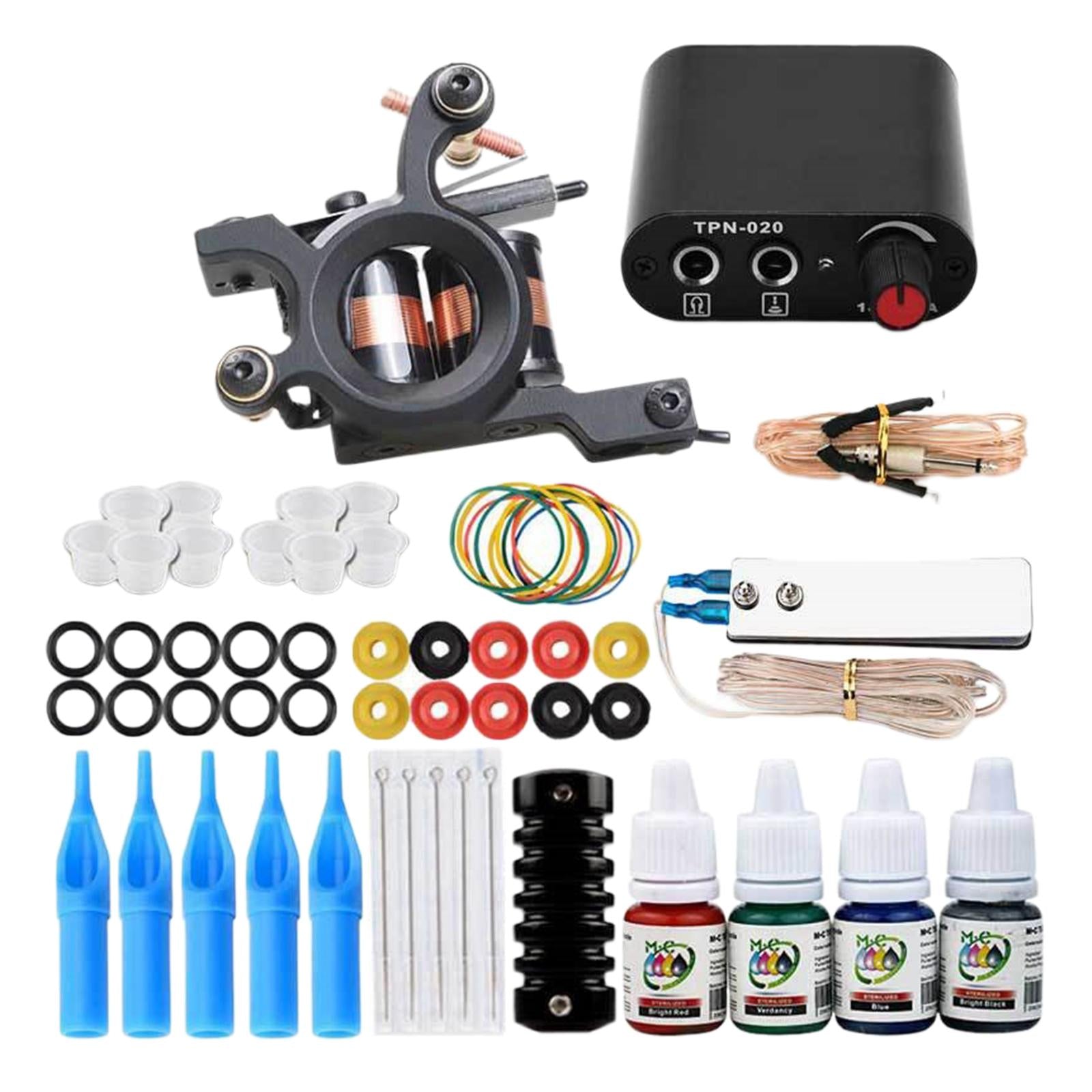 Complete Tattoo Kit Color Inks Power Supply Coil Tattoo Machine Grips US