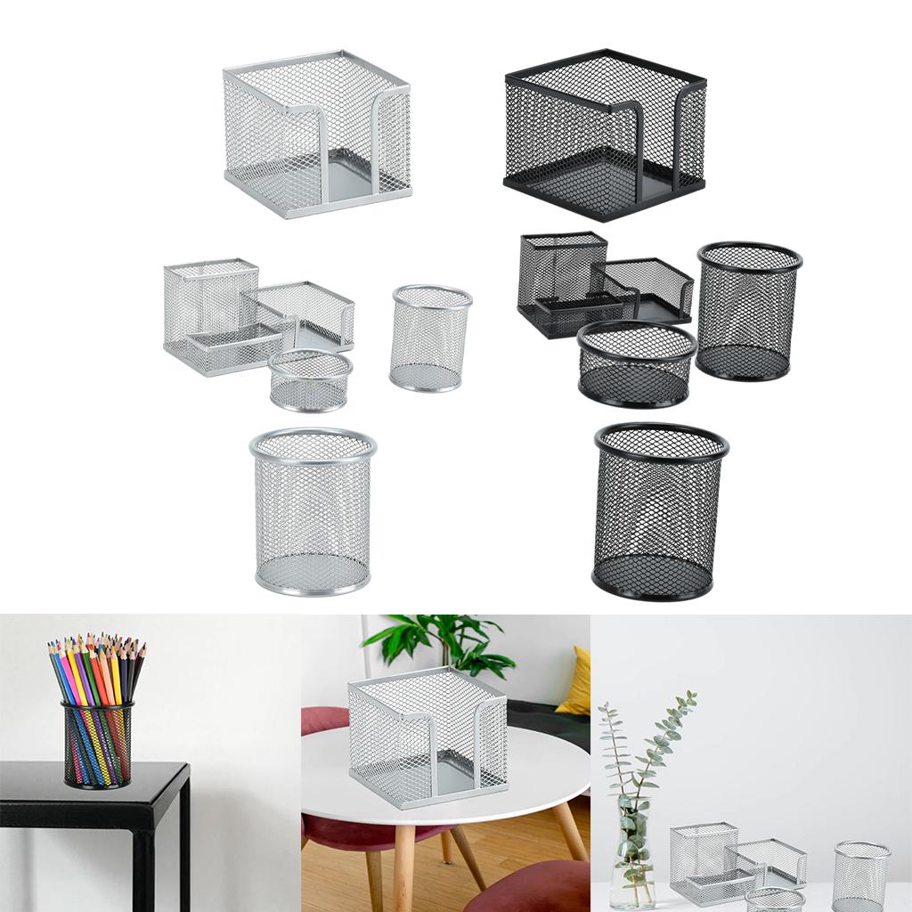Office Metal Mesh Desk Organizer Pen Holder Sundries Container Home Supplies Round Silver