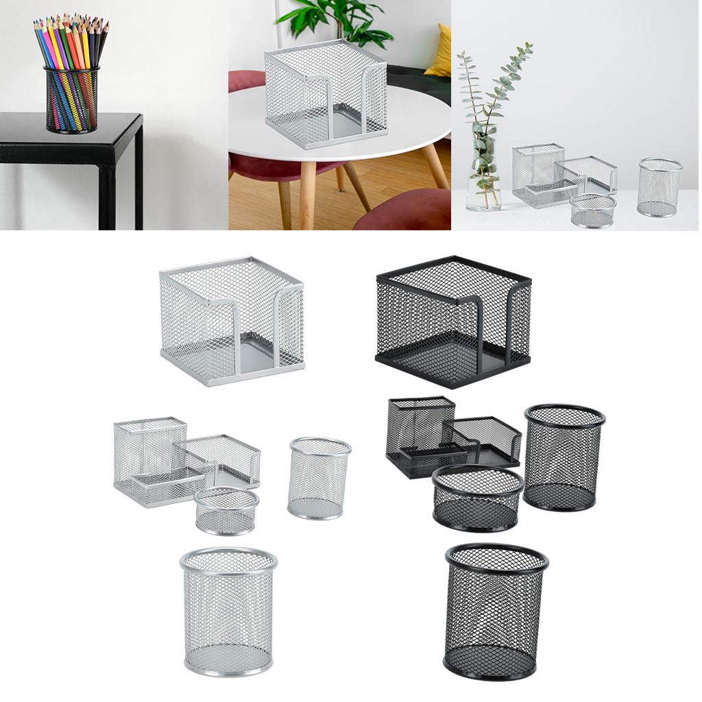 Office Metal Mesh Desk Organizer Pen Holder Sundries Container Home Supplies Round Silver