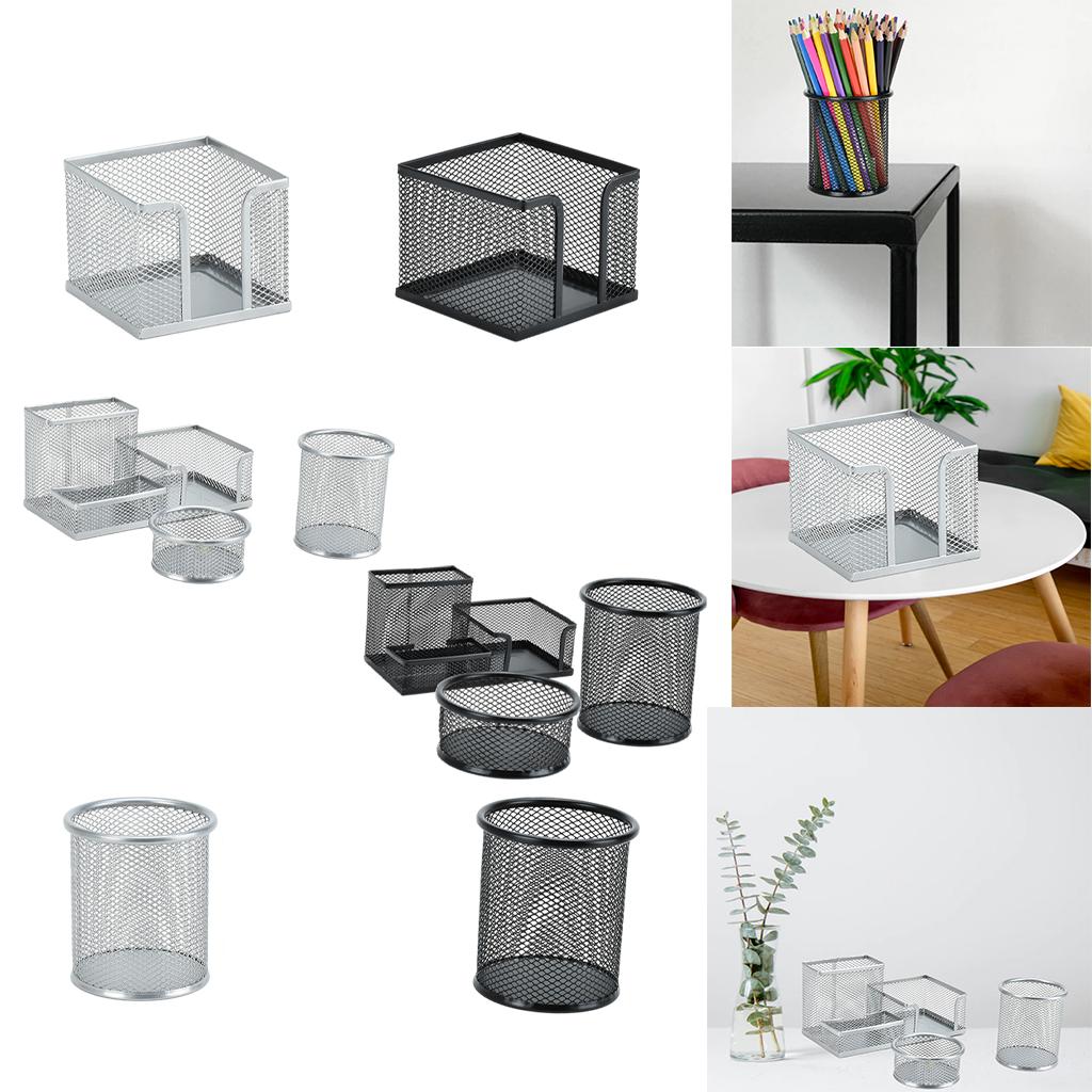 Office Metal Mesh Desk Organizer Pen Holder Sundries Container Home Supplies Round Silver