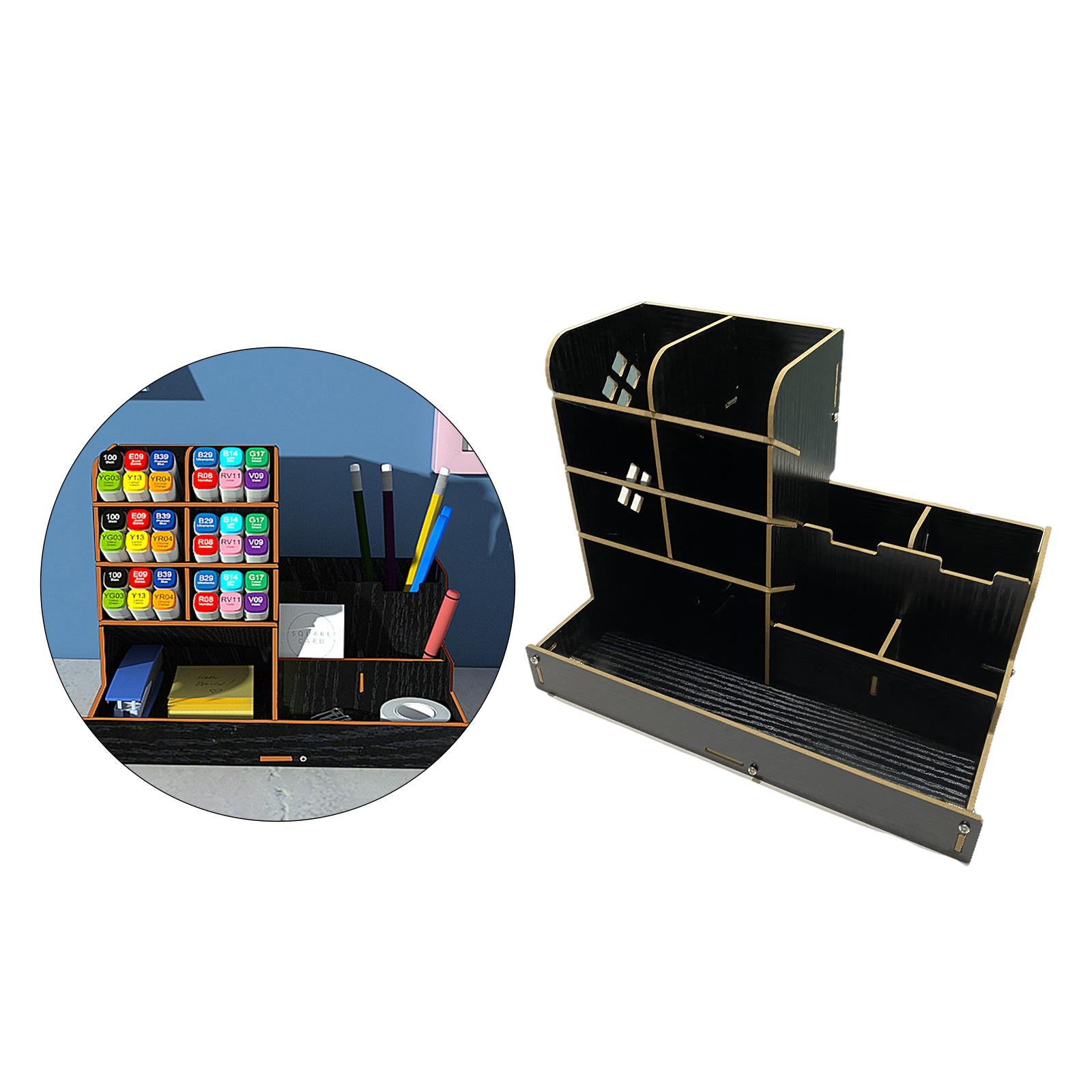 Wooden Pen Organizer Multi-Functional Modern Pen Holder Box for Home Student Bright black