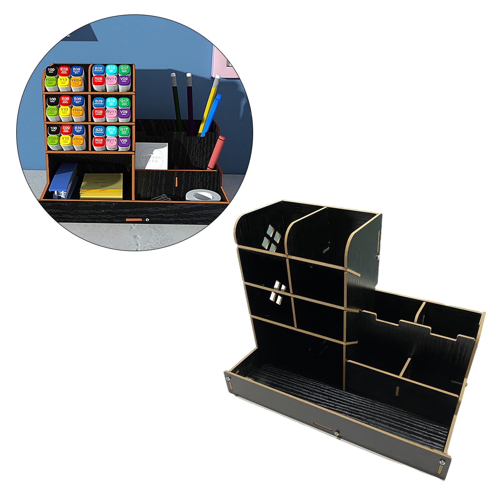 Wooden Pen Organizer Multi-Functional Modern Pen Holder Box for Home Student Bright black