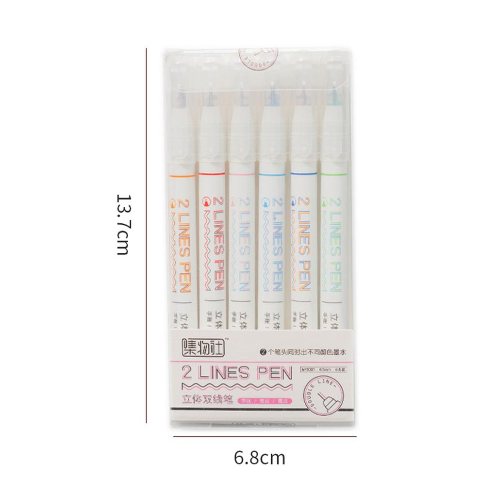 6 Color Card Writing Drawing Double Line Outline Pen Highlighter Marker Pen