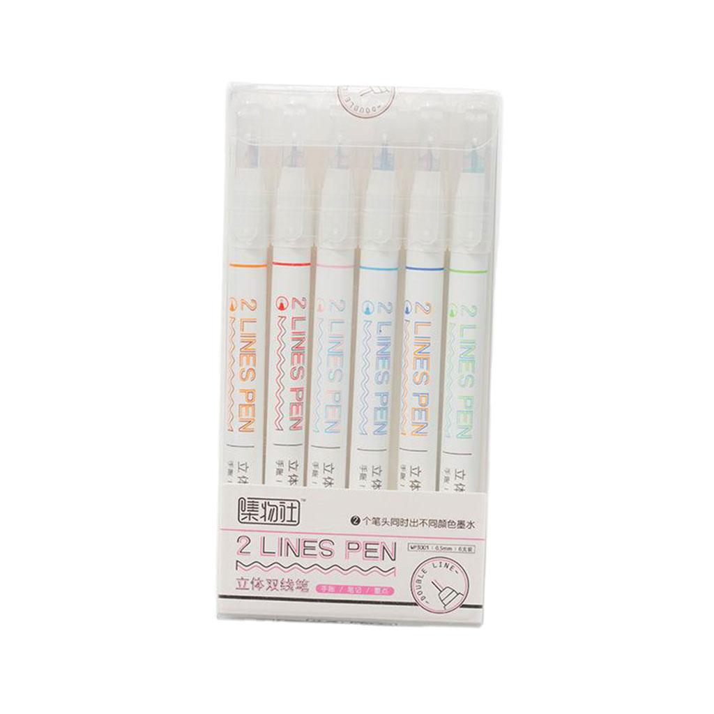 6 Color Card Writing Drawing Double Line Outline Pen Highlighter Marker Pen