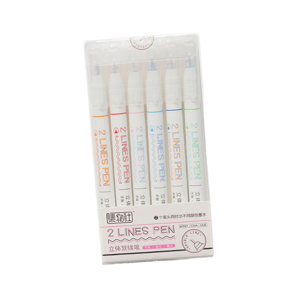 6 Color Card Writing Drawing Double Line Outline Pen Highlighter Marker Pen