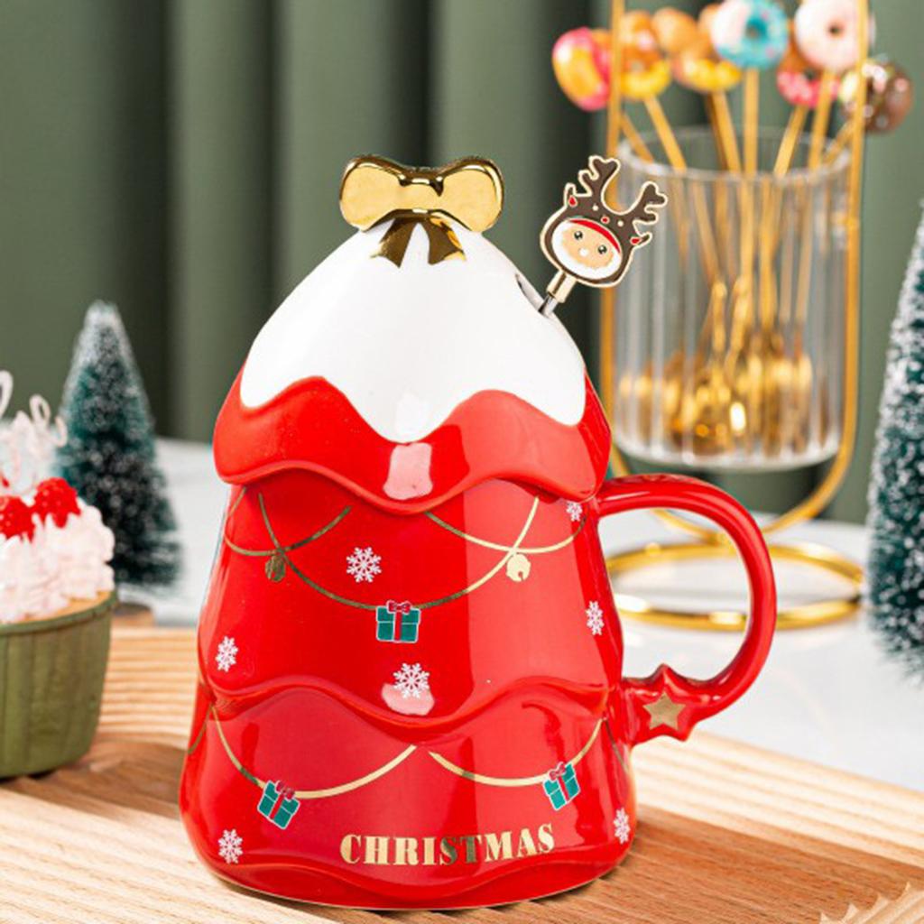 1PC Cartoon Christmas Tree Coffee Mug with Lid and Spoon for Home Office red