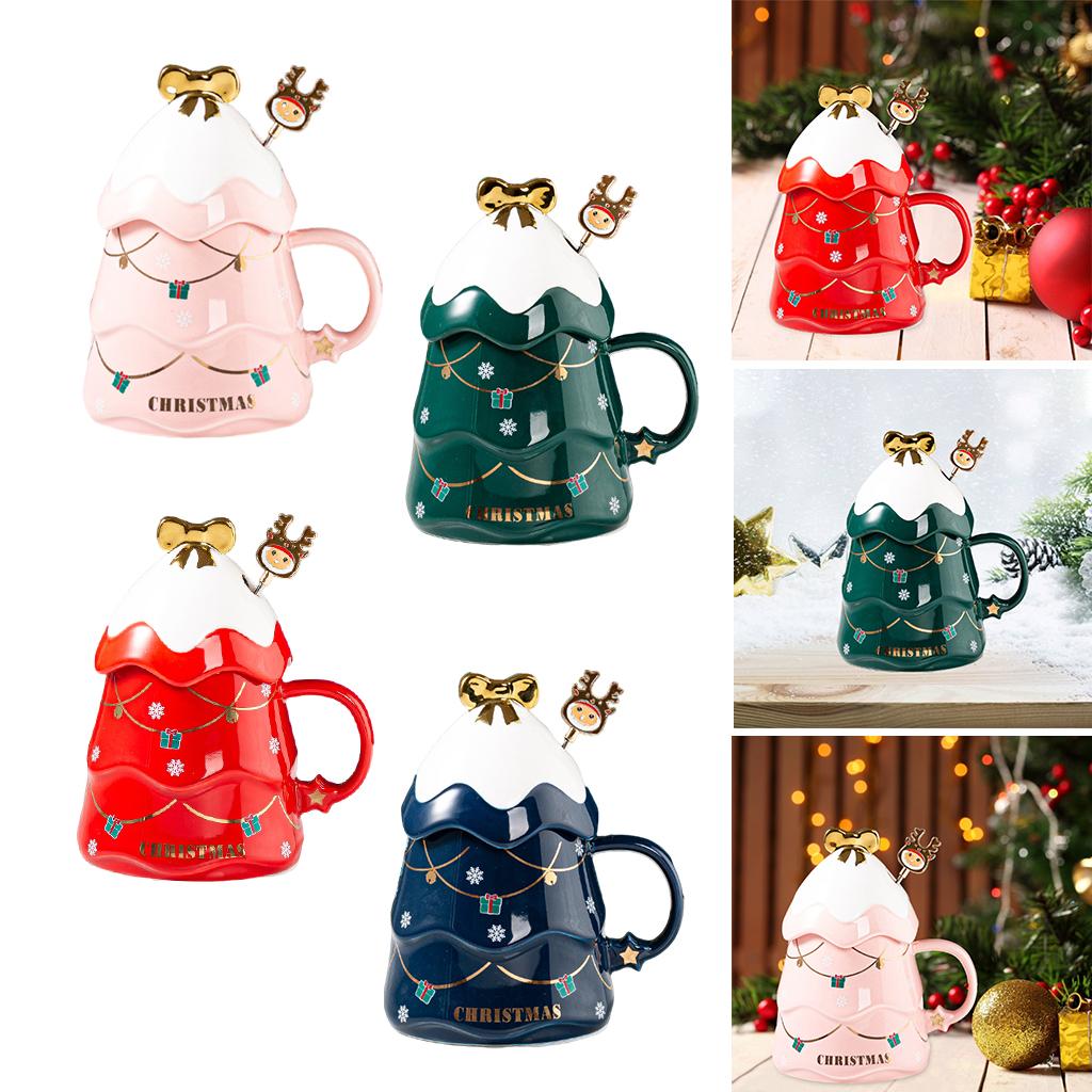 1PC Cartoon Christmas Tree Coffee Mug with Lid and Spoon for Home Office red