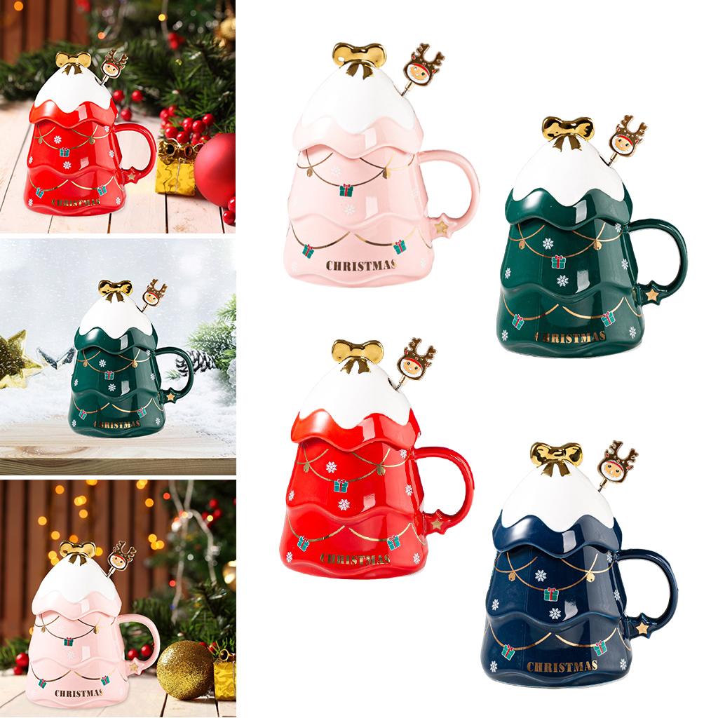 1PC Cartoon Christmas Tree Coffee Mug with Lid and Spoon for Home Office red