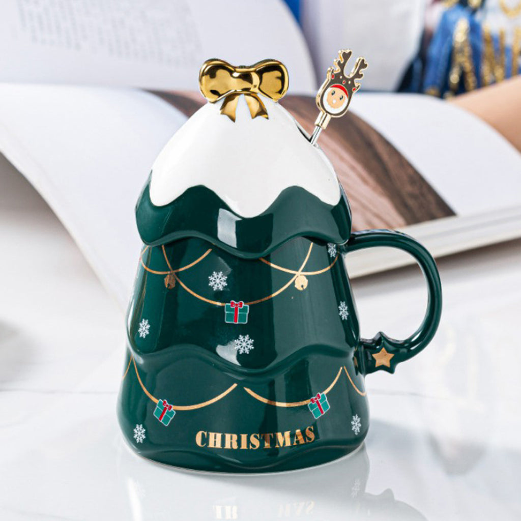 1PC Cartoon Christmas Tree Coffee Mug with Lid and Spoon for Home Office green