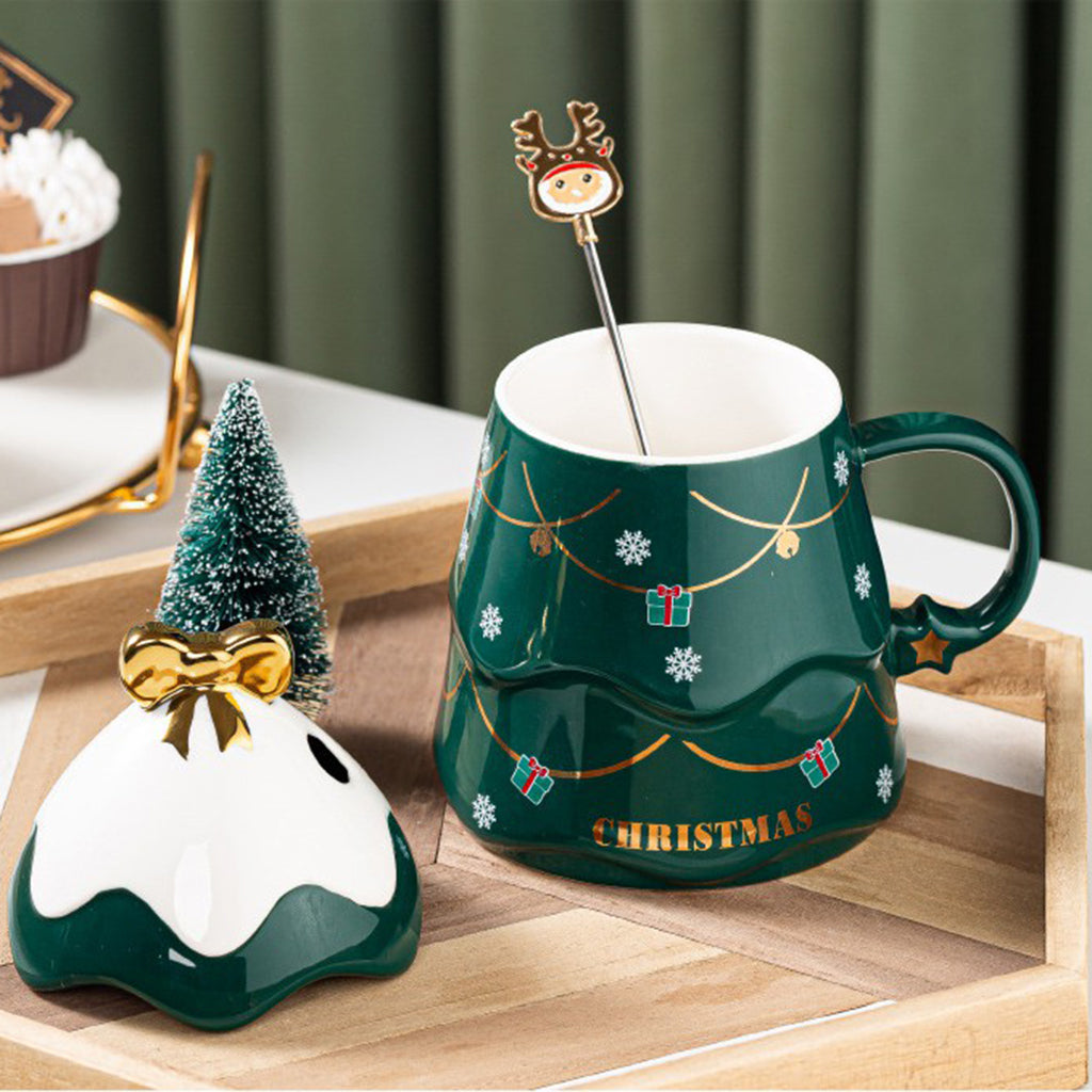 1PC Cartoon Christmas Tree Coffee Mug with Lid and Spoon for Home Office green