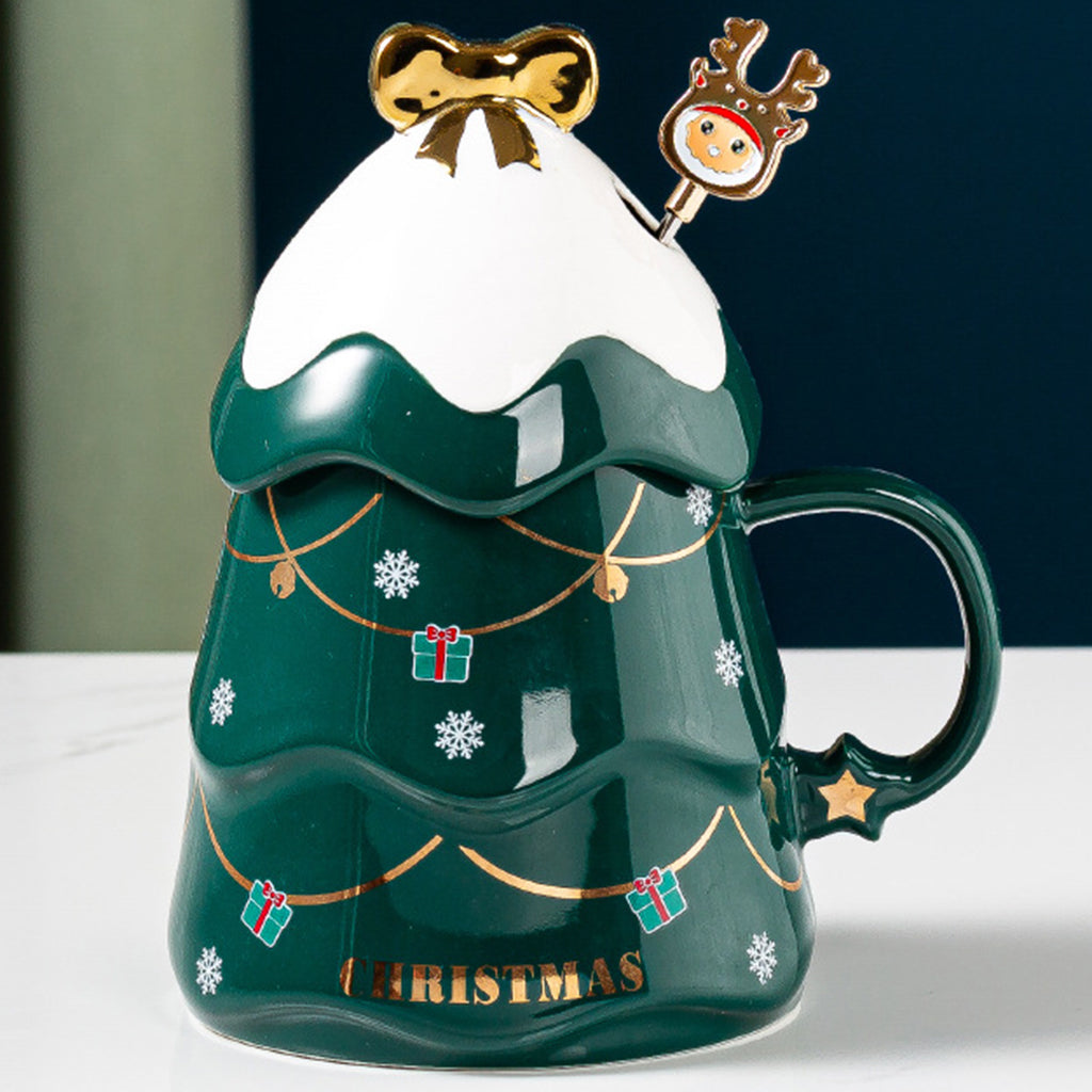 1PC Cartoon Christmas Tree Coffee Mug with Lid and Spoon for Home Office green